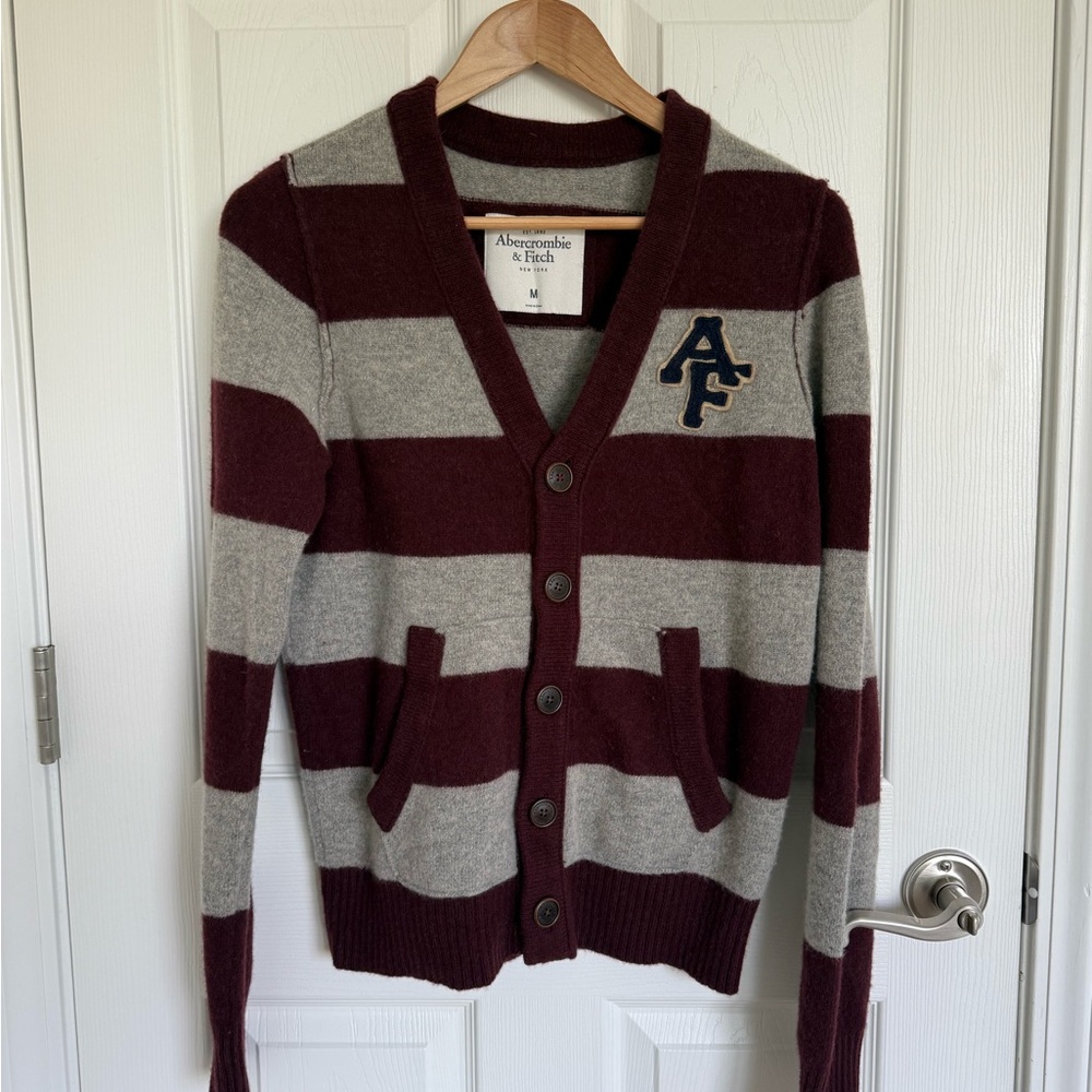 Abercrombie And Fitch Varsity Letterman Cardigan Burgundy And Grey Size M